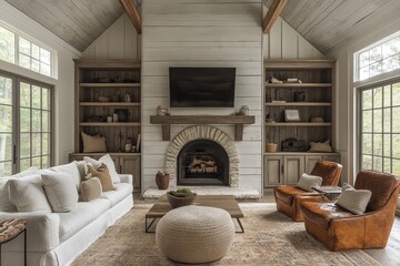 Soft-style farmhouse living room with light grey shiplap fireplace, white sofa and brown leather chairs, large built-in cabinets, and farmhouse-inspired decor.