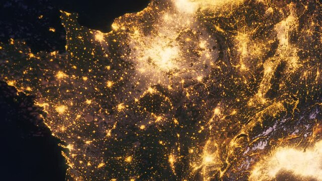 Planet Earth at Night. Europe and France. Paris Zoom Out. View from Space Orbit. Night Globe
