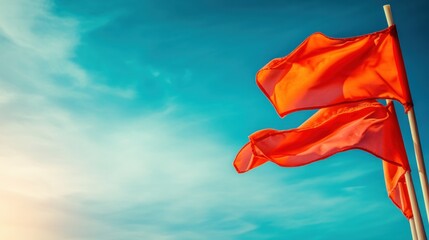 Fototapeta premium Two vibrant orange flags flutter in the breeze, set against a clear blue sky on a sunny day by the ocean