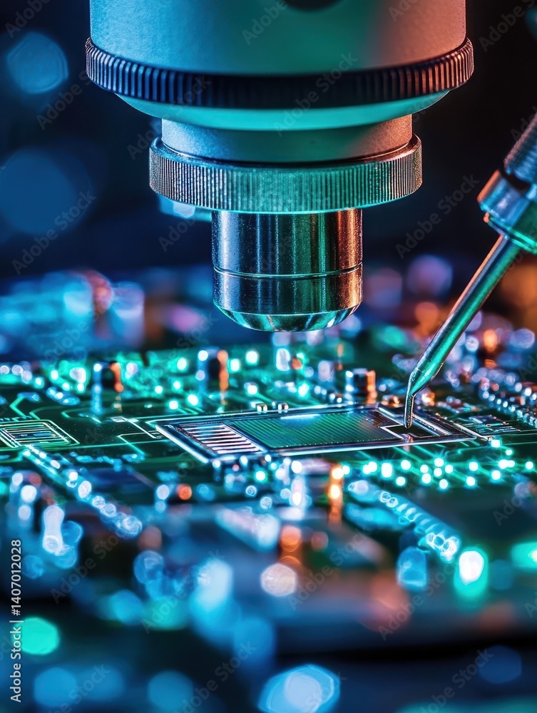 Aufkleber close-up of microchip under microscope with colorful lighting effects