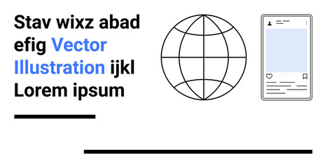 Globe icon symbolizing global reach, minimal smartphone app UI for social networks, bold typography. Ideal for communication apps, technology, global content, digital services, networking, education