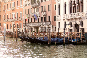Row of Gondolas on Venice Grand Canal at Sunset
