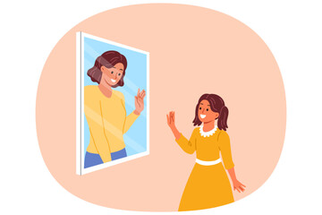 Mental connection between generations, in form of little girl looking in mirror and seeing mother saying hi. Schoolgirl dreams of becoming adult and sees herself in future, after change of generations