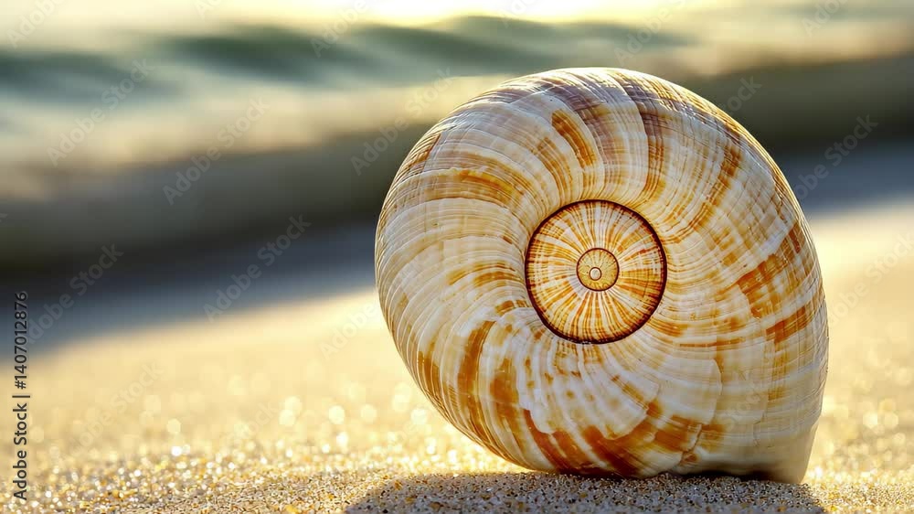 Poster spiral seashell resting on a sandy beach under soft sunlight with ocean background, closeup of spira