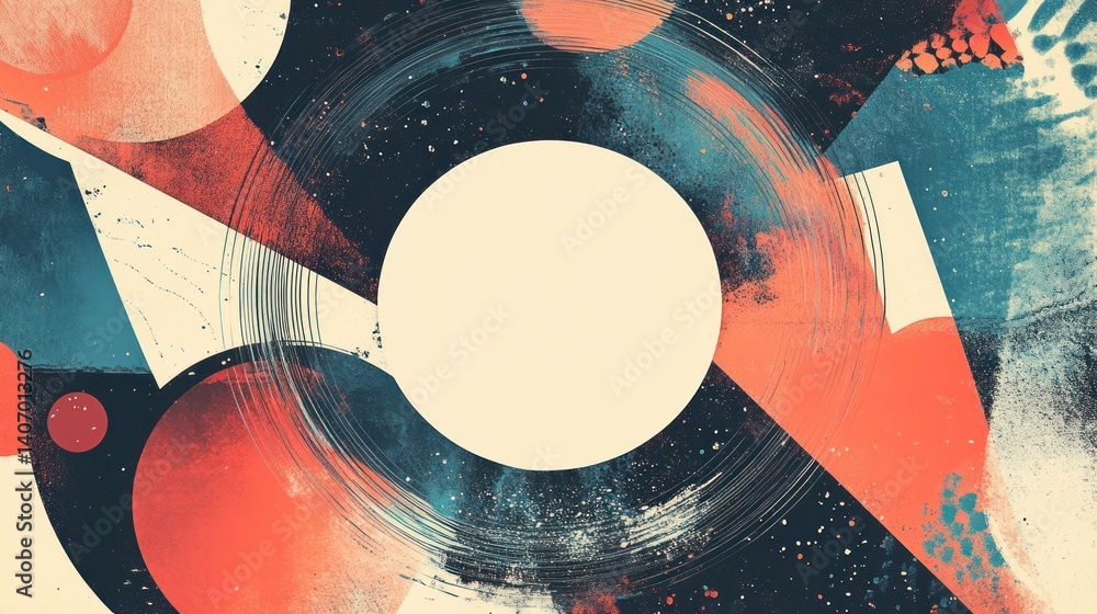 Poster abstract composition with textured geometric shapes creating a retro atmosphere featuring circles tr