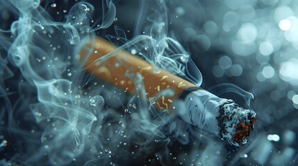 The concept of the harm of tobacco to human health. World No Tobacco Day. Close-up, a smoldering cigarette in a thick cloud of smoke on a blurred background with bokeh. Selective focus. Quitting smoki