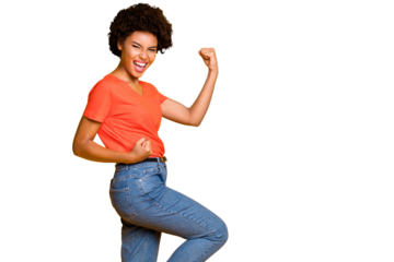 Copyspace photo of trendy rejoicing ecstatic overjoyed black girlfriend wearing t-shirt jeans denim screaming with victory while isolated over yellow vivid color background