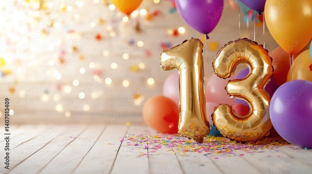 Poster golden number balloons depict 13, surrounded by an array of vibrant balloons and confetti, creating 