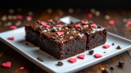 Dark Chocolate Brownies with Heart Sprinkles on White Plate