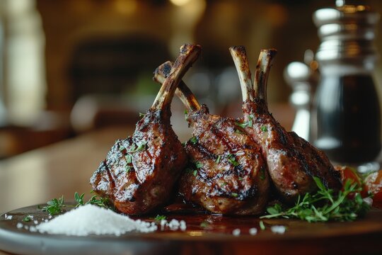 Four savory, grilled lamb chops served on a rustic platter. - Powered by Adobe