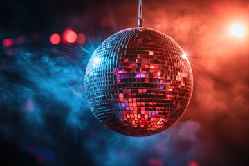 Obraz premium Disco ball hanging in smoky, red and blue-lit nightclub setting.