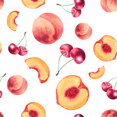 Peach fruits and cherry berries. Seamless pattern. Watercolor illustration on a white background, hand-painted. Juicy tropical fruits. A clipart for printing on fabric, creating a booklet.