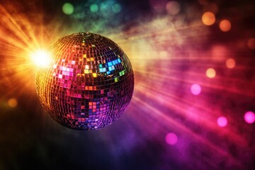Obraz premium Disco ball reflecting colorful lights in smoky atmosphere, vibrant party scene.