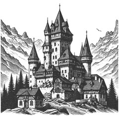 Obraz premium grand medieval castle nestled among Alpine mountains, architectural details in classic etching style sketch engraving generative ai raster illustration. Scratch board imitation. Black and white image.