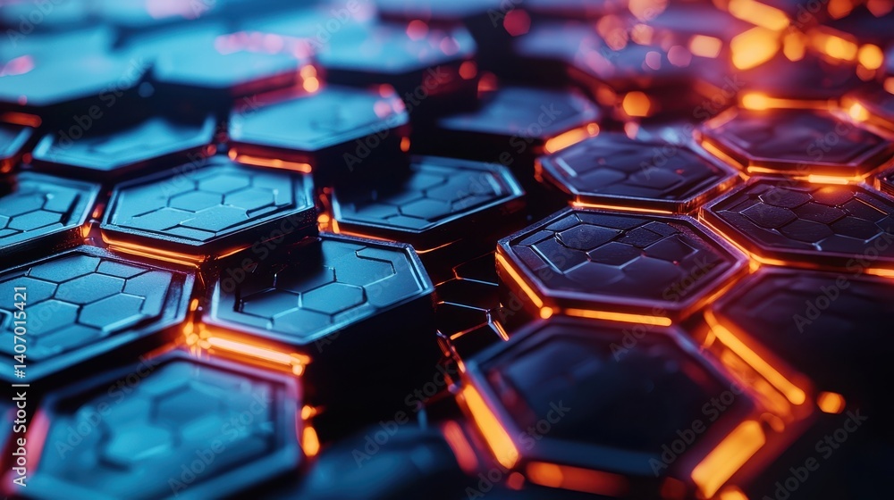 Poster abstract hexagonal pattern with glowing edges in dark background