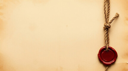 Notary binding contract with red wax seal and rope on old paper