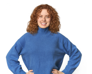 Young Caucasian redhead woman confident keeping hands on hips.