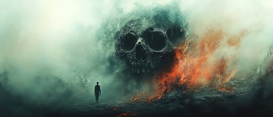 Person faces a giant skull in a misty landscape with orange glow.