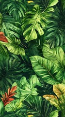 Tropical Leaves Phone Wallpaper  Lush Green Leaves with Red & Yellow Accents | Vibrant Mobile Background

