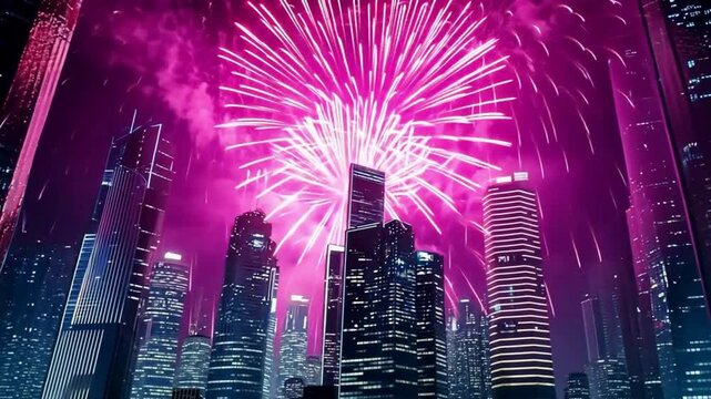 pink fireworks exploding on night sky above skyscrapers; cityscape; concept of new year eve celebration, festive 4th of july celebration, turn of the year; copy space