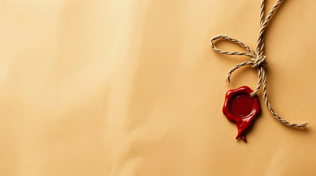 Red wax seal securing confidential document with string on old paper background
