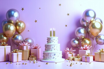 Birthday celebration, multi-tiered cake with five candles in the center, balloons and gifts on the sides on a purple background.