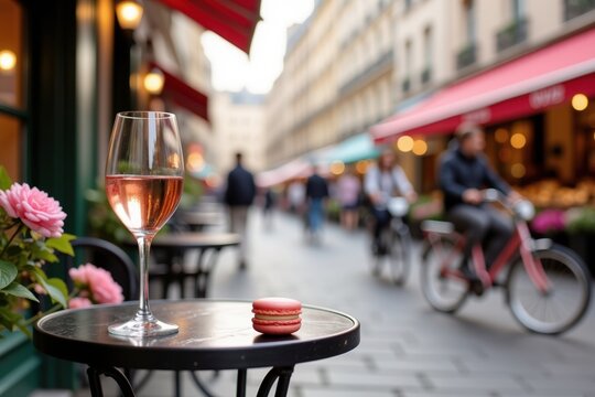 Elegant wine glass beside macarons in vibrant street caf&eacute;  
