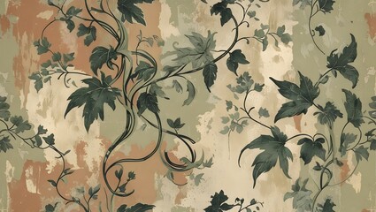 Artistic floral wallpaper showcasing beige flowers and green leaves on textured design