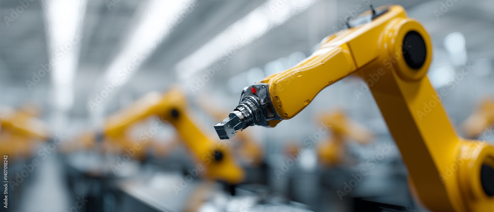 Poster Yellow robotic arms in factory setting perform synchronized tasks efficiently