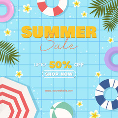 Summer sale offer discount with swimming pool items for social media and shopping event promotions. Top view of vector illustration summer sale with swimming pool theme.