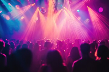 Obraz premium A vibrant concert crowd illuminated by colorful stage lights, creating a dynamic and energetic atmosphere.
