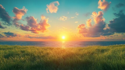 Vibrant Sunset Over Ocean Grassy Shore