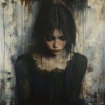 Woman with dark hair looks down against a textured wall in dim light.