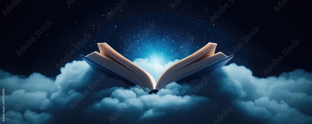 Poster open book under starry sky revealing universe of imagination concept. an open book glowing in the cl