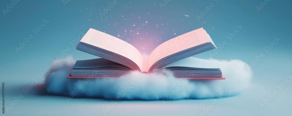 Poster open book under starry sky revealing universe of imagination concept. an open book floating on a clo