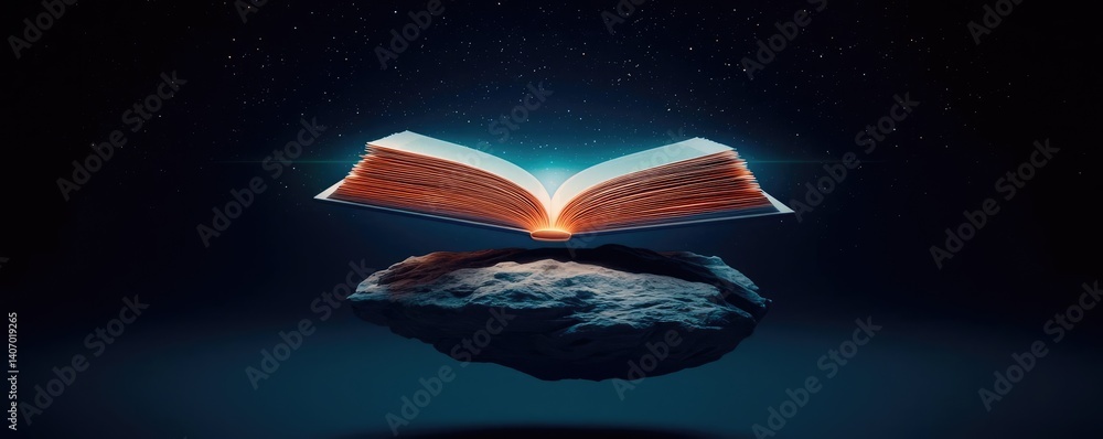 Poster open book under starry sky inspiring universe of learning concept. an open book levitating above a c