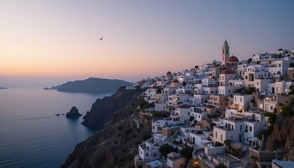 Sunset Serenity: Aegean Village Panorama, Serene Coastal Vista