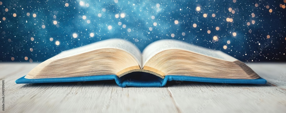 Poster open book under starry sky reflecting universe of knowledge concept. an open book against a starry b
