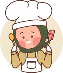 Halal homemade doodle logo cute chef muslim hijab and apron hat online shop, bakery, cooking pastry