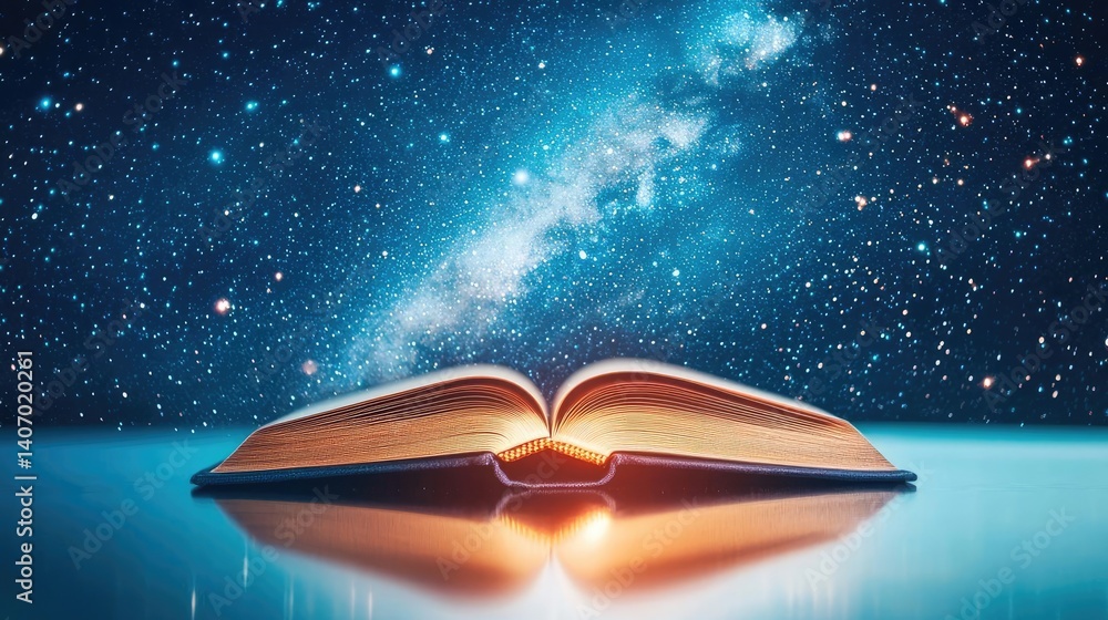 Poster open book under starry sky reflecting universe of knowledge concept. an open book illuminated by a v