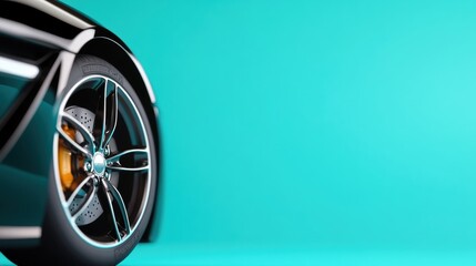 A close-up view of a stylish car wheel set against a bright turquoise background highlights the intricate details of modern automotive design