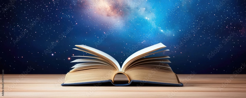 Poster open book under starry sky reflecting universe of knowledge concept. an open book against a cosmic b
