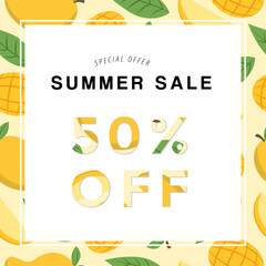 Summer sale special offer with 50% discount with mango background. Vector illustration summer sale offer for social media and shopping event promotions.