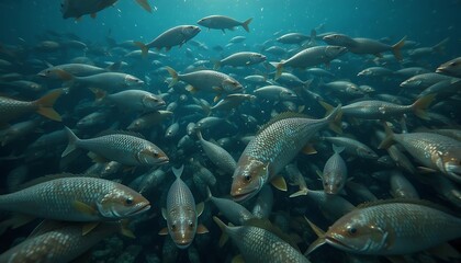Fototapeta premium Submerged Silver Fish School: An Aquatic Serene Tableau