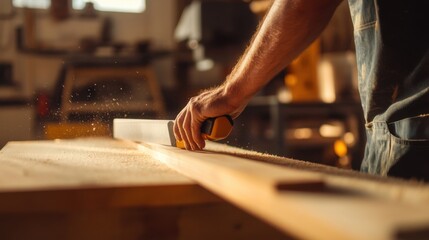 Carpenter cutting wood with a saw for furniture. Featuring wood cutting and carpentry work