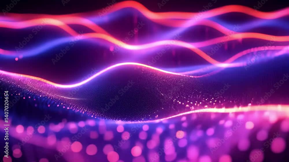 Poster dynamic digital cyberpac particles wave animated display showcasing vibrant colors and movement, dig