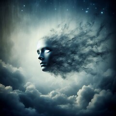 Deception &ndash; A mask floating in a misty void symbolizing falseh