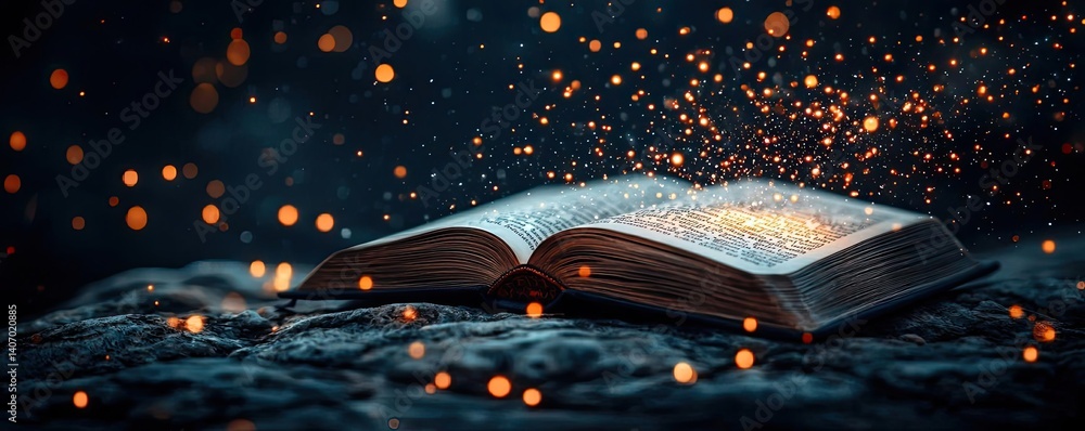 Poster open book under starry sky inspiring universe of learning concept. an open book surrounded by magica