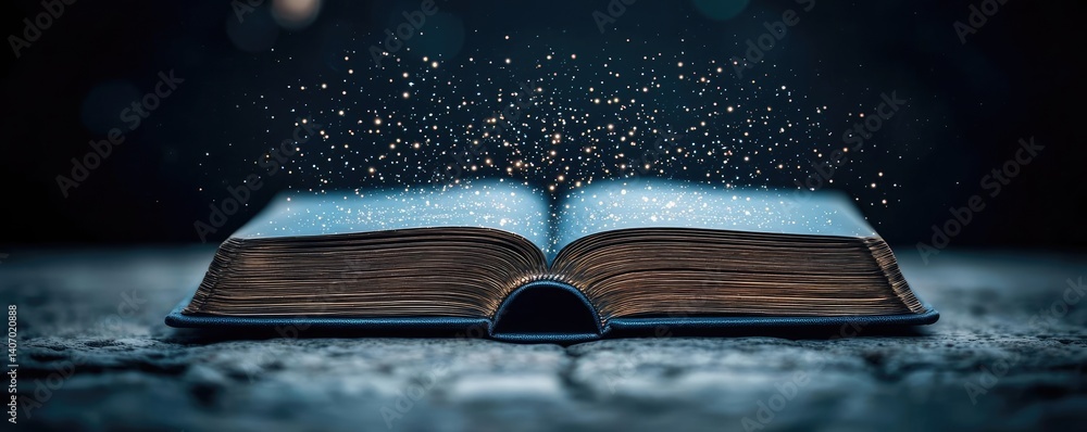 Poster open book under starry sky inspiring universe of learning concept. an open book radiating magical pa