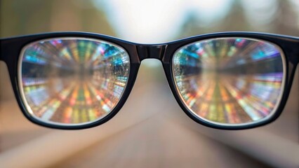 Glasses reflect vibrant colors and lights, creating a mesmerizing visual effect with a blurred background of a pathway or train tracks.